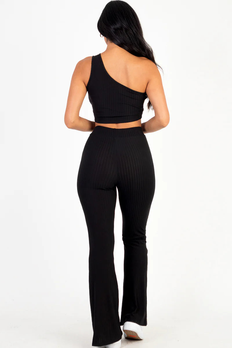 Ribbed One Shoulder Crop Top & Flared Pants Set