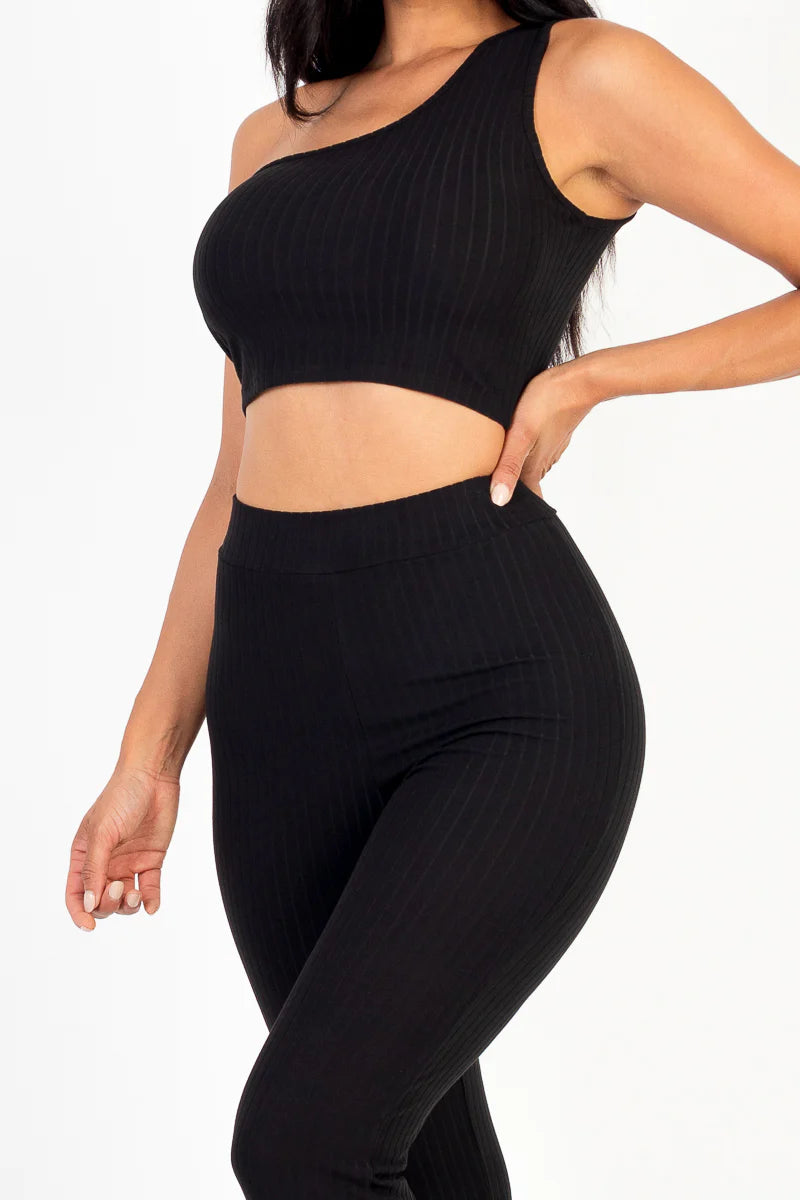 Ribbed One Shoulder Crop Top & Flared Pants Set