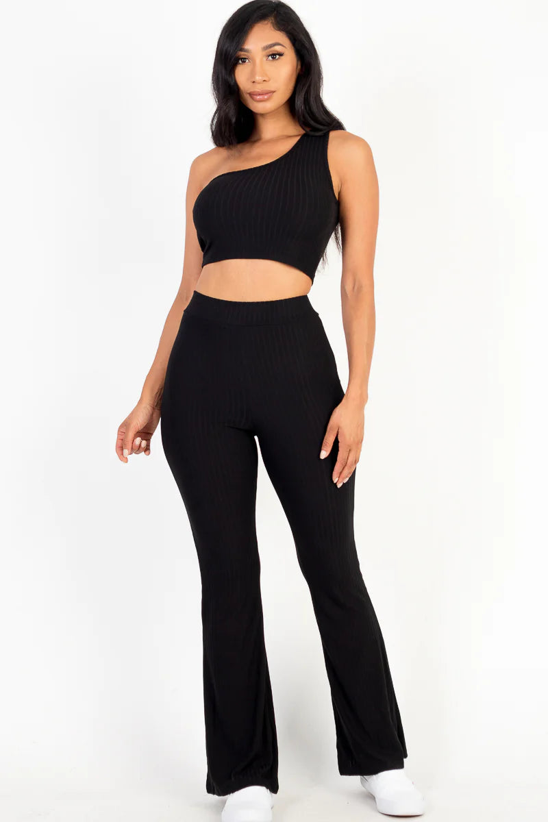 Ribbed One Shoulder Crop Top & Flared Pants Set